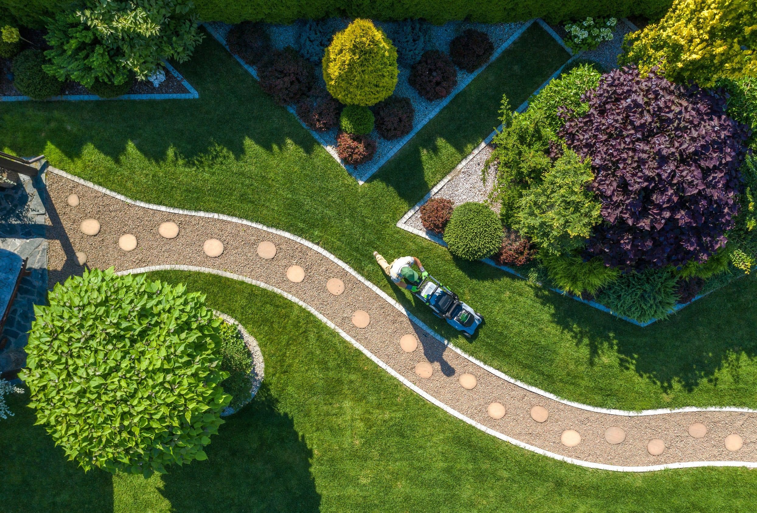 A landscaped garden and pathway viewed from above